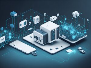 3D graphic showing connected smart factory devices representing an industrial IoT network.